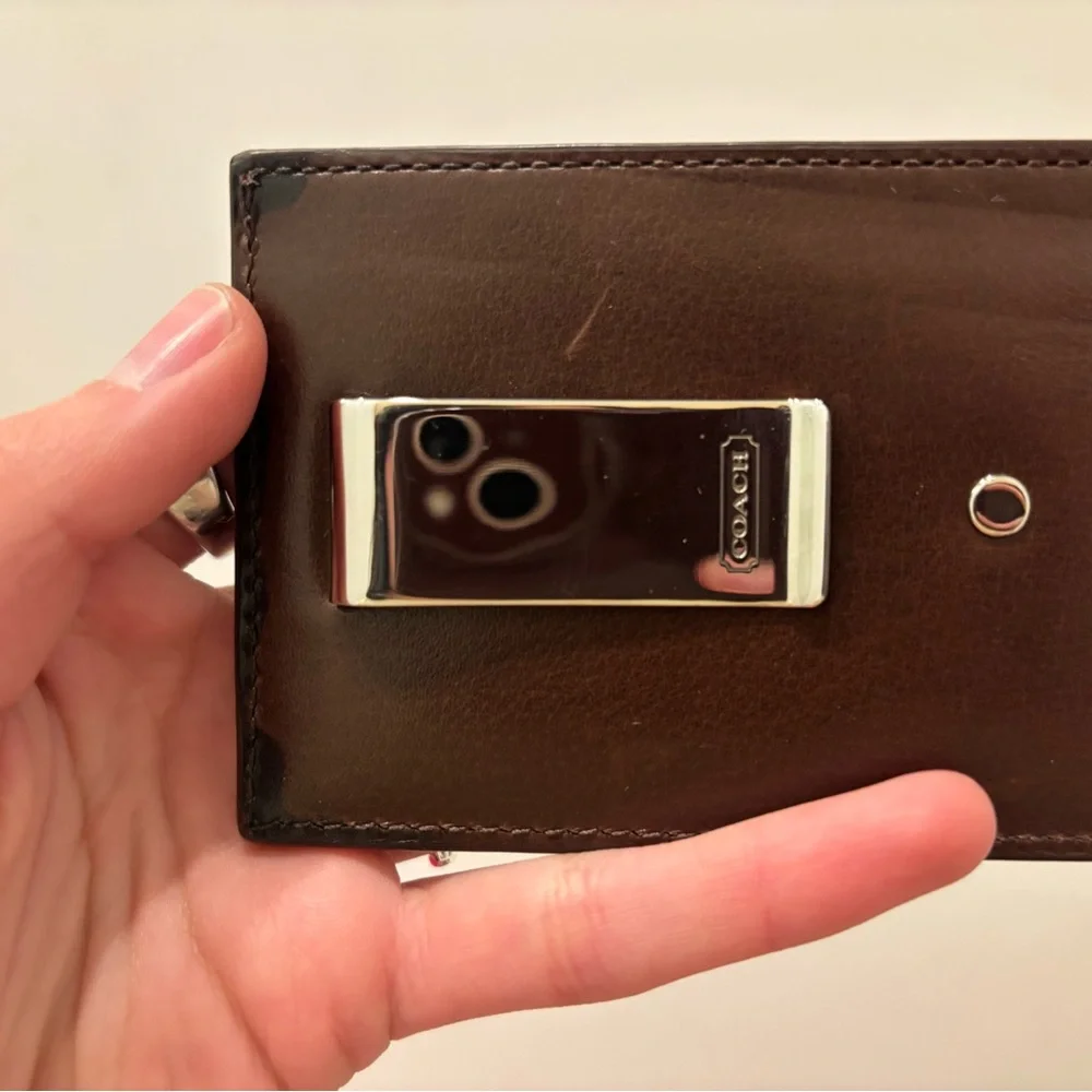 Coach Dark Brown Leather Money Clip with Silver Accent